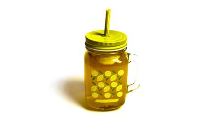 Photo on a white background, isolate glass mug with tea, lemon and a straw. Lemon slices float in tea. Bright yellow summer mood. mug with a lid.の写真素材