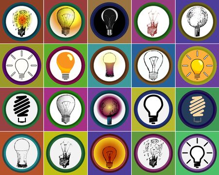 Set of icons in a simple style isolated light bulb on a white background. Black lines. A symbol of energy and electricity. Orange and yellow glowing light.の写真素材