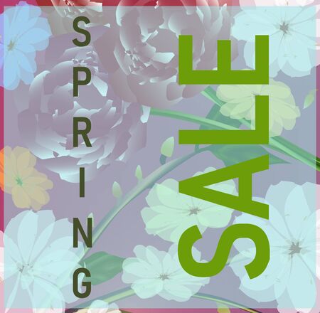 Spring sale, bright beautiful flowers. Colorful banners with a sale. Pions, roses, daisies. Red, pink, spring green. Summer mood.の写真素材