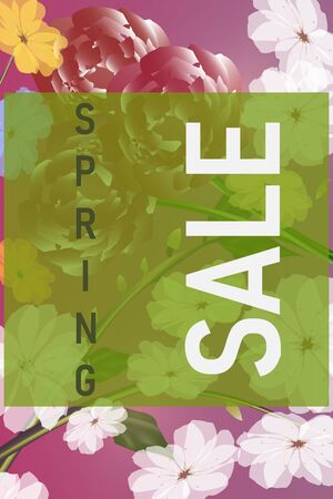 Vertical spring sale, bright beautiful flowers. Pions, roses, daisies. Red, pink, spring green. Colorful banners with a sale. Summer mood.の写真素材