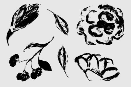Black white is a seamless pattern. Monochrome pattern consists of flowers and leaves drawn by hand brush. A beautiful repetitive pattern of plants and flowers. Vector eps illustration.の写真素材