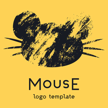 The Mouse logo on a yellow background. A logo with a portrait of a mouse with a large mustache and ears. Great for your company, you can use on a banner or sign. Vector eps illustration.のイラスト素材