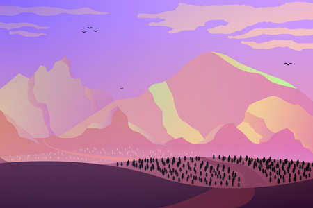 Dawn in the mountains, pink tones, the road going to the distance. A beautiful landscape of mountains and fields in warm tones. Vector eps illustration.のイラスト素材