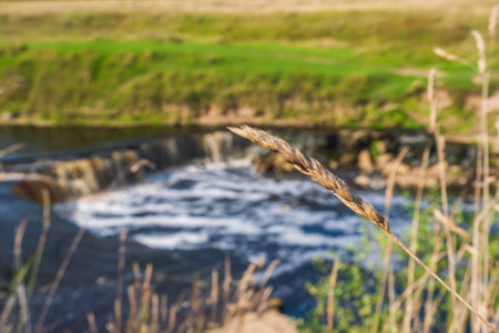 Waterfall, water flowing from the river falls down. A stormy river with a brown hue.
