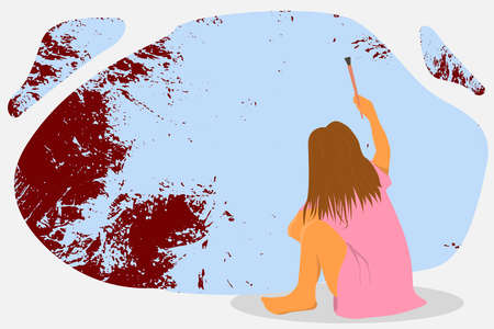 The girl sits on the floor and paints on the wall. An abstract painting on the wall painted by a child. Vector eps illustration.のイラスト素材