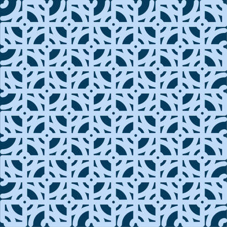 Geometric lines chekered abstract decorative vector background. Vector mosaic tiles seamless pattern with deep blue color background and geometrical ornament.のイラスト素材