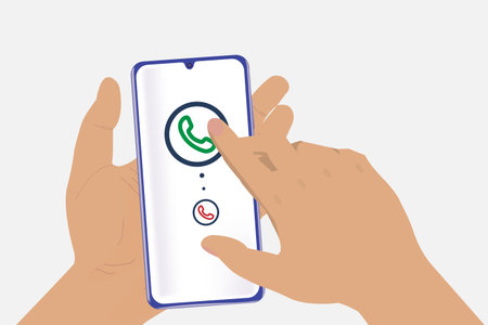 Hands hold the phone and answer the phone. A person clicks on the Answer the Call icon. The phone is in hand. Vector eps illustration.のイラスト素材