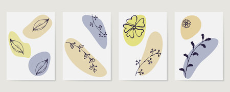 Contemporary Hand drawn Vector illustrations. Various Leaves and Flowers, abstract shapes. Ink...