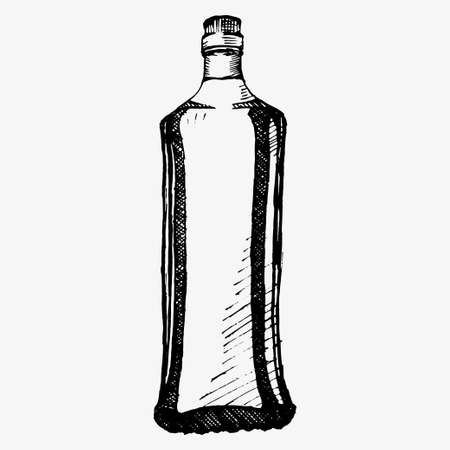 Classic Whiskey Bottle Sombrero On Top . Design Beautiful Stylish Glass Bottle With Blank Label For National Mexico Alcohol Drink. Package With Traditional Hat Cap Mockup Cartoon Illustration.のイラスト素材