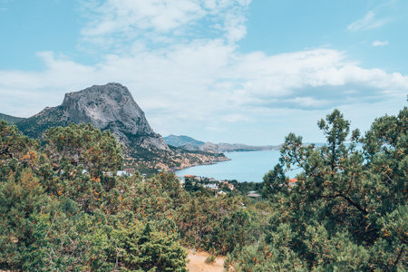 A nature scenery of a calm sea and green bushes, with Lions Head mountain in the horizon. Landscape of the ocean near the mountains with blue cloud sky and copy space. High quality photoの写真素材