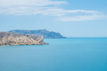 Summer panoramic view of the sea and mountain range. High quality photoの写真素材