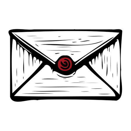 Vector drawing of a letter with red wax seal isolated on white background. Drawing in a flat style. Subject of correspondence, romantic letters.のイラスト素材