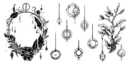 Doodle esoteric, mystical hand drawn elements isolated background. Perfect for posters, tattoo, textile, cards, mystery. magic set. vector illustration. vector illustrationのイラスト素材