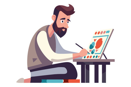 Painting, drawing and artwork concept. Young man artist siting and making drawing on canvas feeling creative vector illustrationのイラスト素材