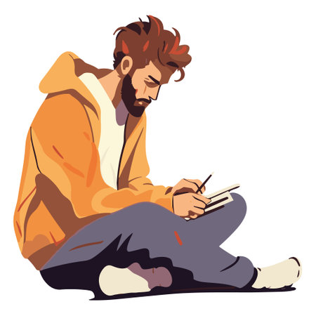 Painting, drawing and artwork concept. Young man artist siting and making drawing on canvas feeling creative vector illustrationのイラスト素材