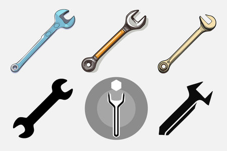 Combination wrench or spanner set with open box or ring end flat vector icon for apps and websitesのイラスト素材