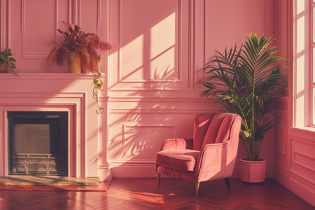 Living room interior with pink armchair and fireplace. 3D renderの素材