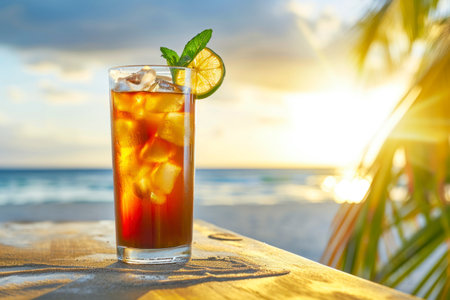 Glass of iced tea with lemon on the beach at sunset.の素材
