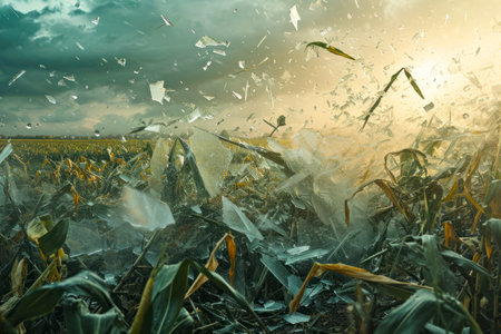 Dangerous scene of corn field with broken corn in the eveningの素材