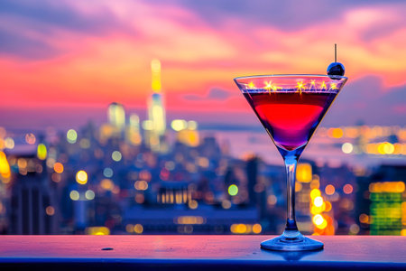 Cocktail in martini glass with blurry cityscape at twilightの素材