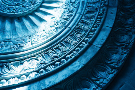 Close-up of a beautiful carved metal plate. Toned.の素材