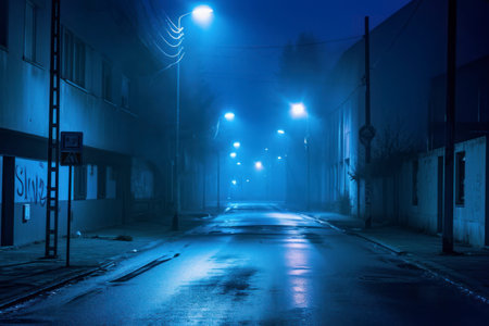 Foggy street at night with lights and silhouettes of buildingsの素材
