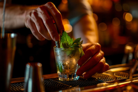 Bartender making Mojito cocktail at bar counter, closeupの素材