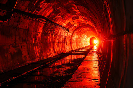 Tunnel with light at sunset. Red light in the tunnel.の素材
