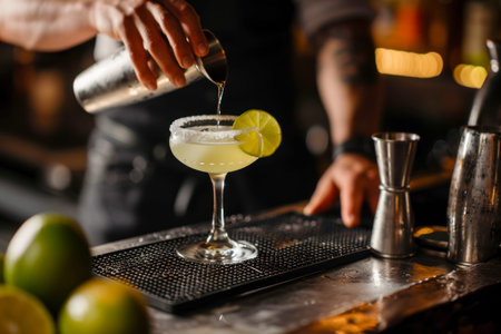Close-up of bartender pouring lime juice into cocktail glass at bar counterの素材