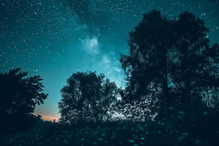 Night sky with stars and milky way over the forest in summerの素材