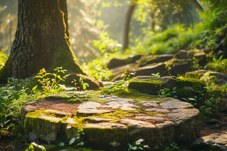 Stone walkway in the forest with moss and ferns.の素材