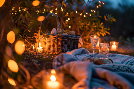 Picnic in the forest at night. Basket with food, wine glasses and candlesの素材
