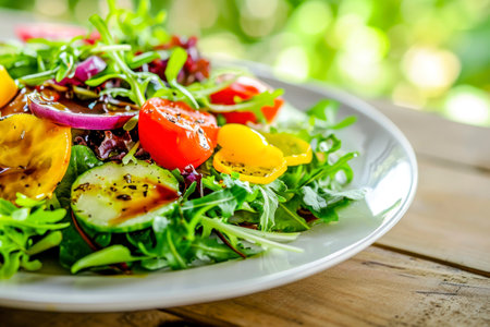 Fresh vegetable salad with arugula, tomato, cucumber and red onionの素材