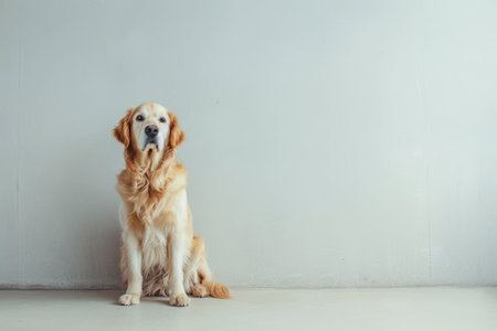 A portrait of a cute Golden Retriever dog sitting on the floor, on white background.の素材