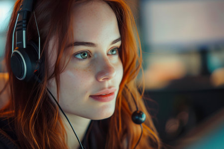 Attractive young woman working in a call center.の素材