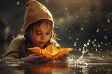 A kid putting a paper boat into water.の素材