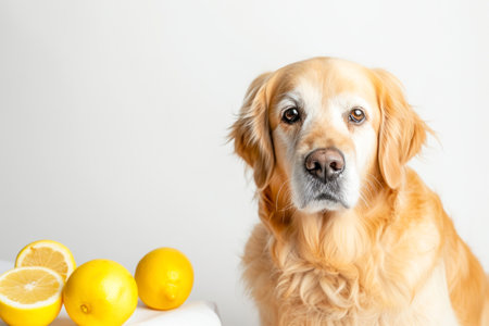 A portrait of a cute Golden Retriever dog sitting on the floor, on white background.の素材