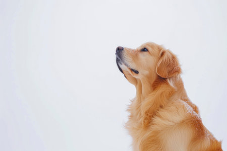 A portrait of a cute Golden Retriever dog sitting on the floor, on white background.の素材