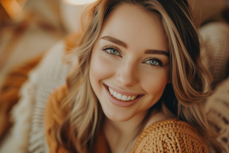 Beauty woman with white perfect smile looking at camera at home.の素材