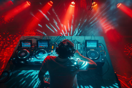 Charismatic disc jockey at the turntable. DJ plays at nightclub party. Top view.の素材