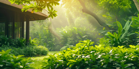 Beautiful green garden with sunlight in the morning. Nature background.の素材