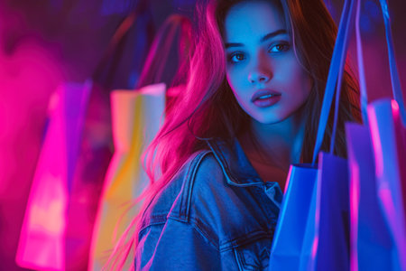 portrait of a beautiful young woman with shopping bags in neon lightの素材