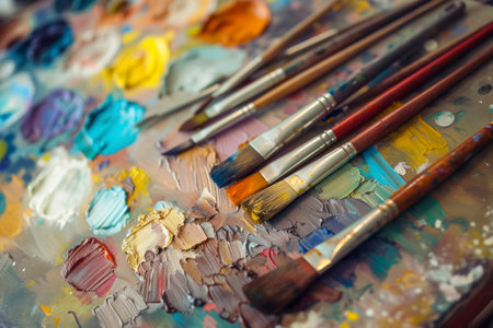 Color charts and paint tools. Close up.の素材