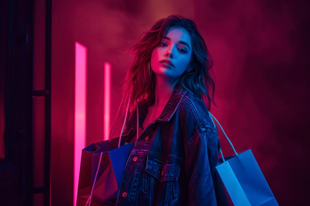 beautiful young woman with shopping bags looking at camera in neon lightの素材