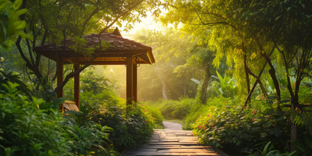 gazebo in the garden with morning light, nature backgroundの素材
