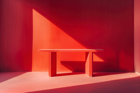 Empty vivid red color studio table room background.の素材