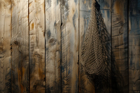 Hanging Fishnet on Wood Wall. Copy space.の素材