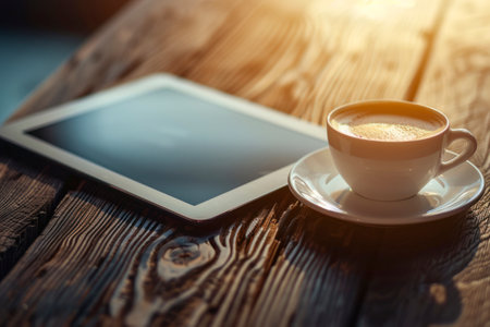Digital tablet and cup of coffee on old wooden desk. Copy space.の素材