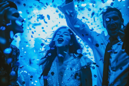 Group of modern young people dancing under confetti at private house party lit by blue light.の素材