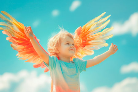 Happy child playing with toy wings against summer sky background.の素材